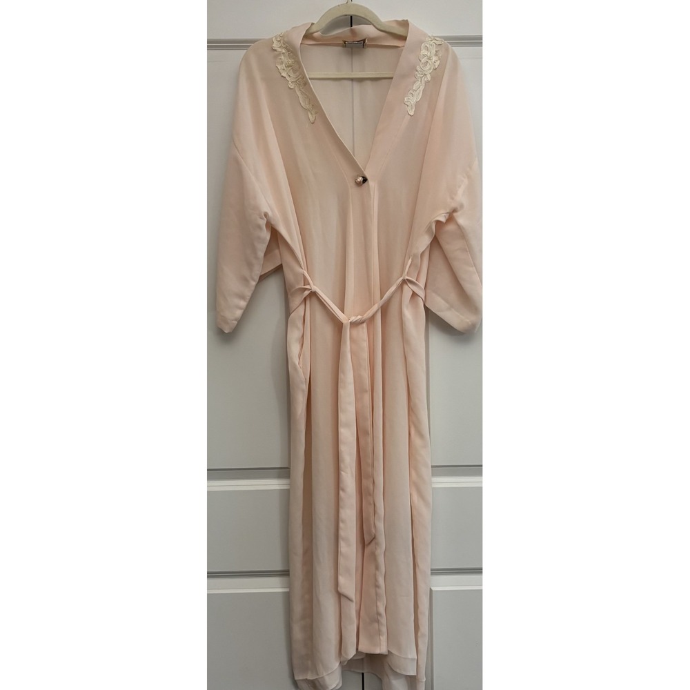 California Dynasty Womens Maxi Robe Light Pink Lace V-Neck Lightweight Belted M